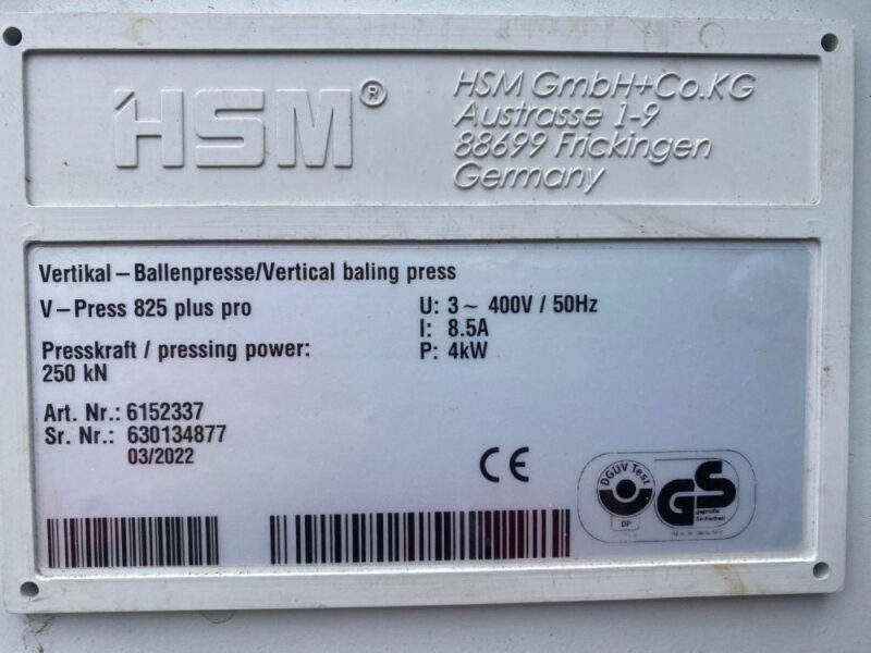 Prasa belująca HSM V-Press 825 plus pro – do makulatury, folii i tworzyw sztucznych