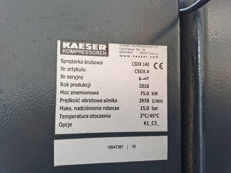 Sprężarka śrubowa KAESER CSDX 140 – 75 kW, 15 bar